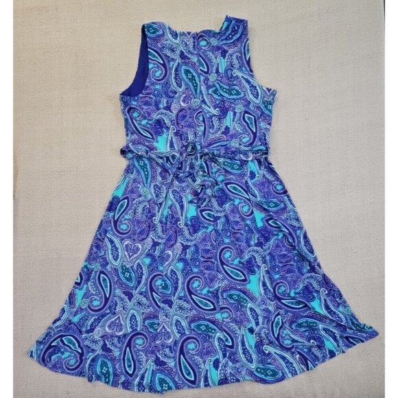 Anne Klein Midi Dress Women's 10 Navy Blue Paisley Belted Sleeveless Stretch Zip - Picture 7 of 9